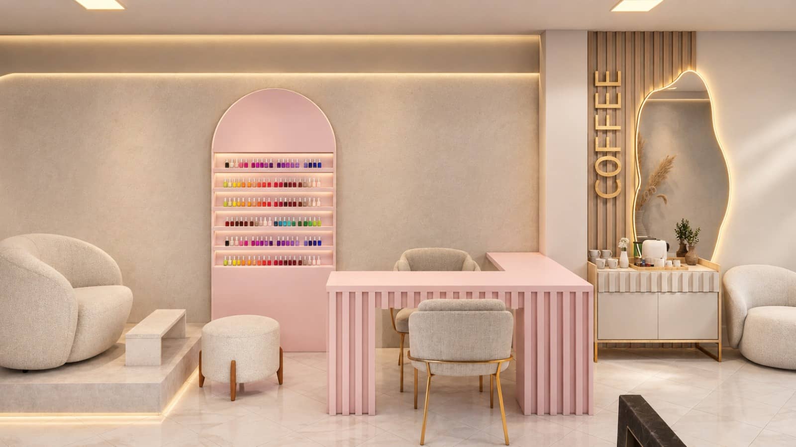 Área de manicure com nicho em rosa, mesa e espelho orgânico