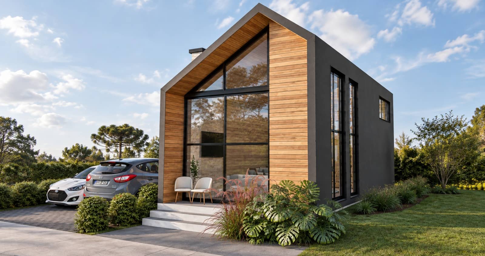 Cabana com fachada envidraçada em duas águas, revestimento em madeira e jardim na entrada