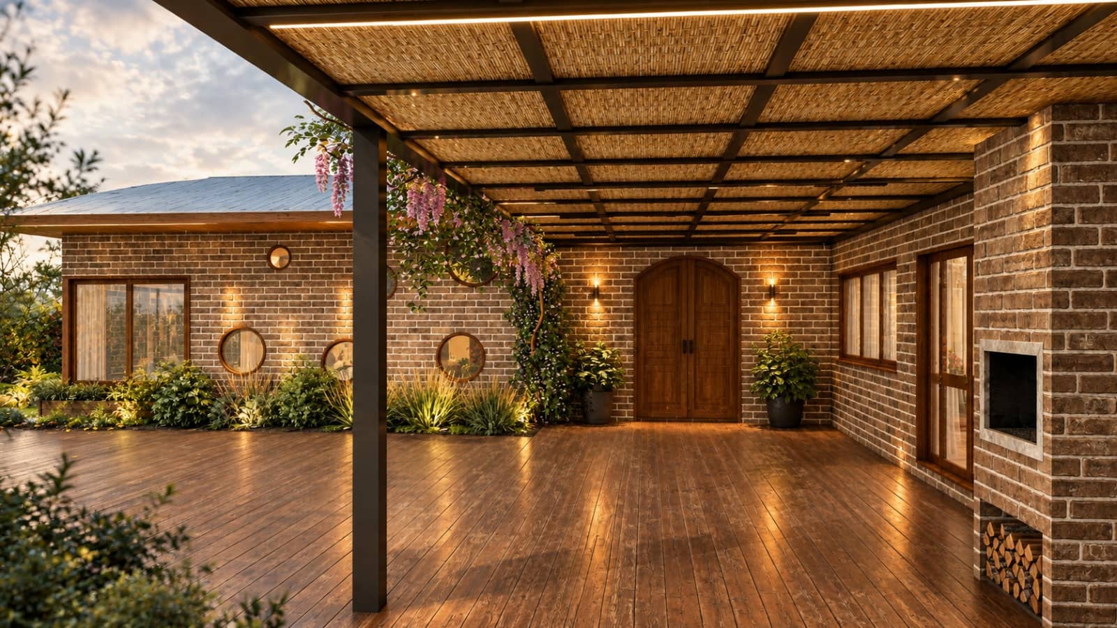 Varanda com pergolado, deck de madeira e porta em arco