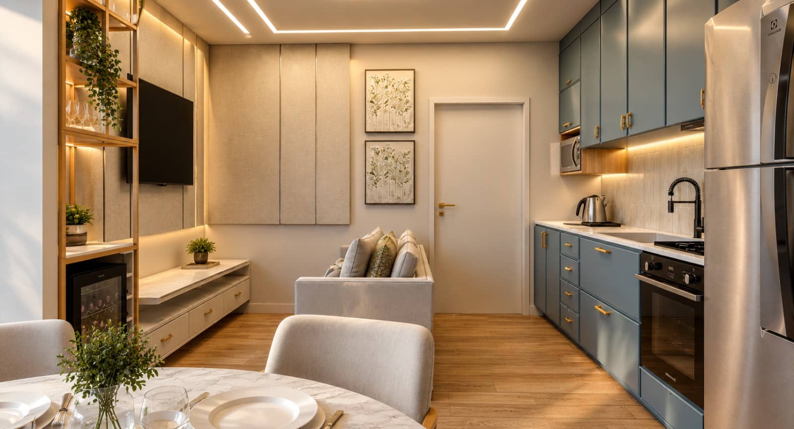 Estar com painel de TV e cozinha ao fundo