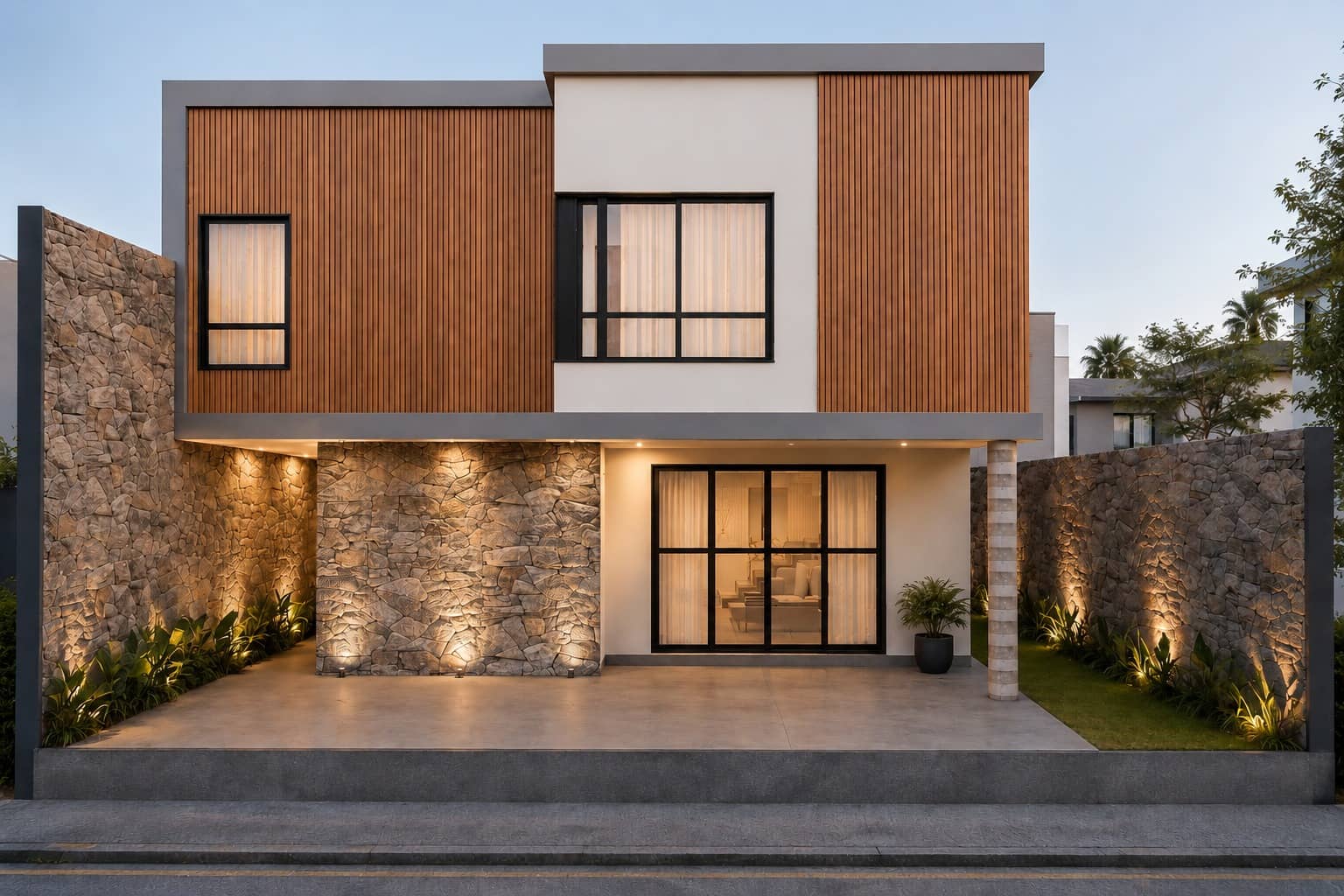 Fachada frontal com volumes em madeira, pedra e garagem coberta
