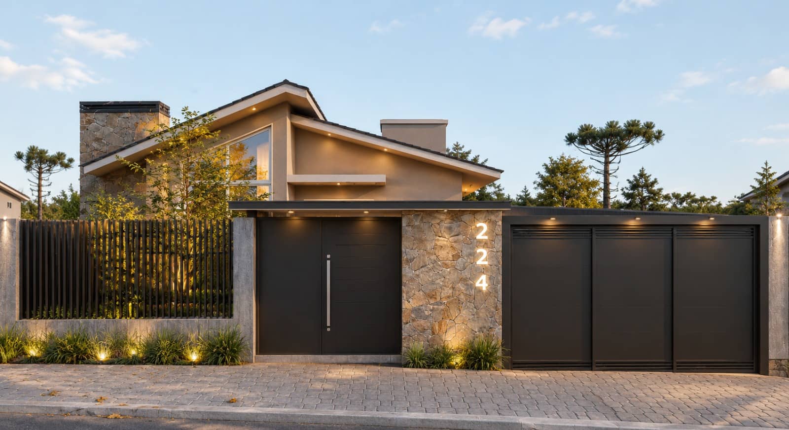 Fachada para a rua com portões pretos e paisagismo iluminado