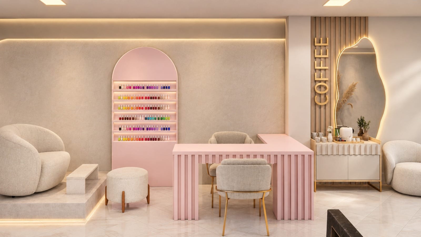 Área de manicure com nicho em rosa, mesa e espelho orgânico