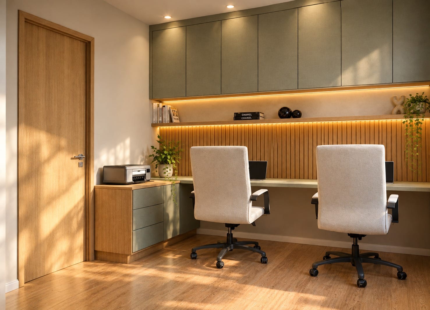 Home office com cadeiras brancas e prateleira iluminada