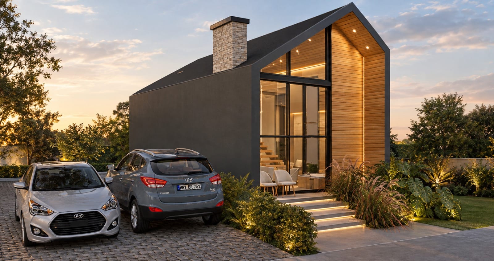 Cabana ao entardecer, com escada de acesso e paisagismo iluminado