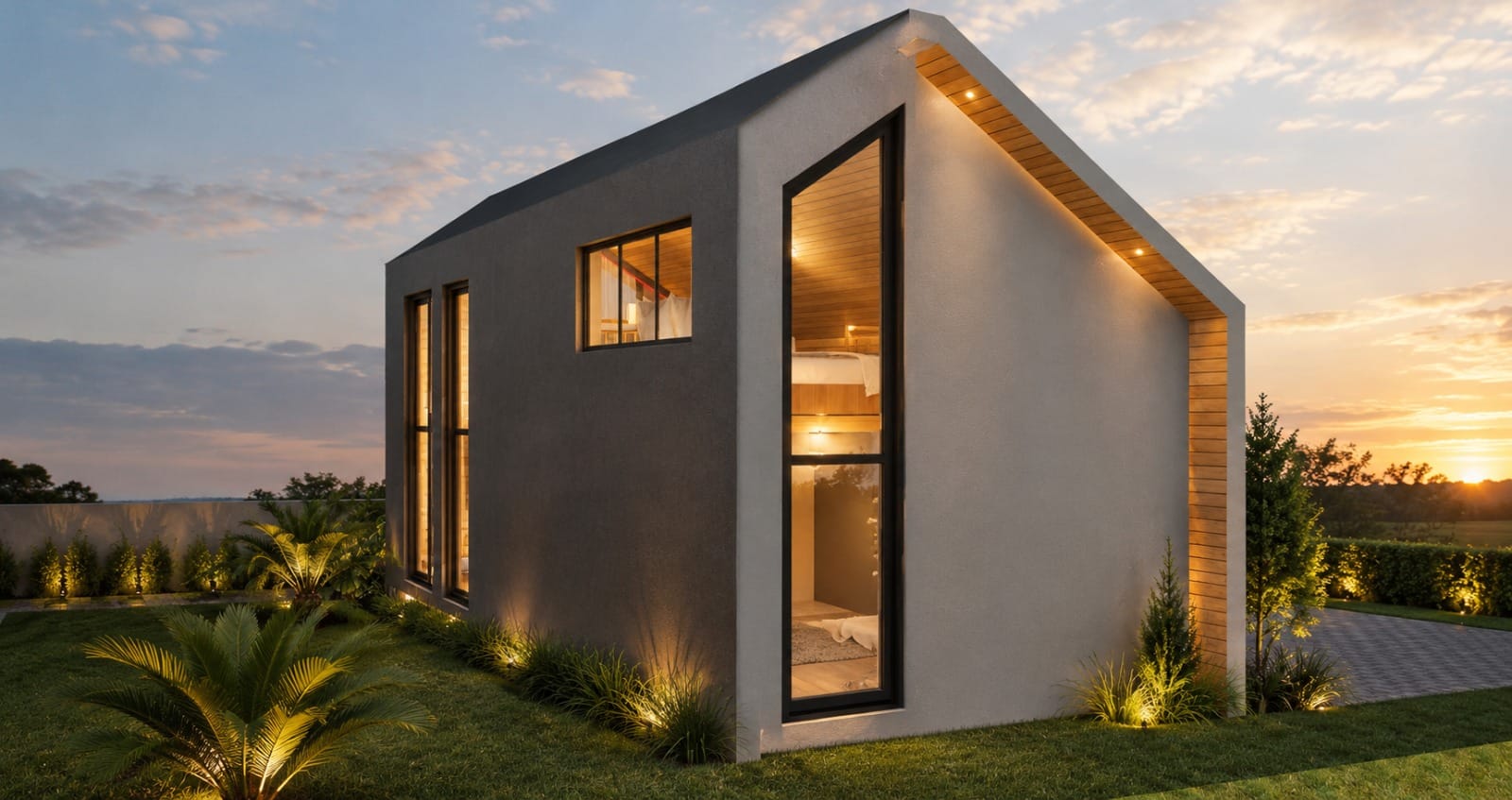 Lateral da cabana em grafite ao pôr do sol, com janelas e luzes no jardim