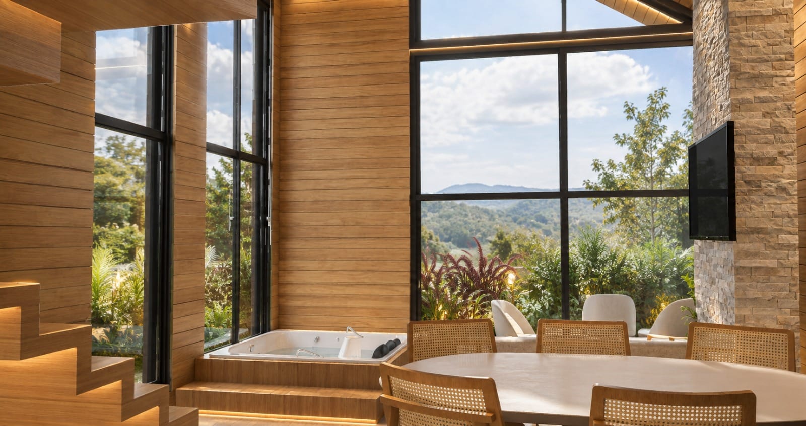 Interior com pé-direito duplo, banheira, mesa de jantar e vista para a mata