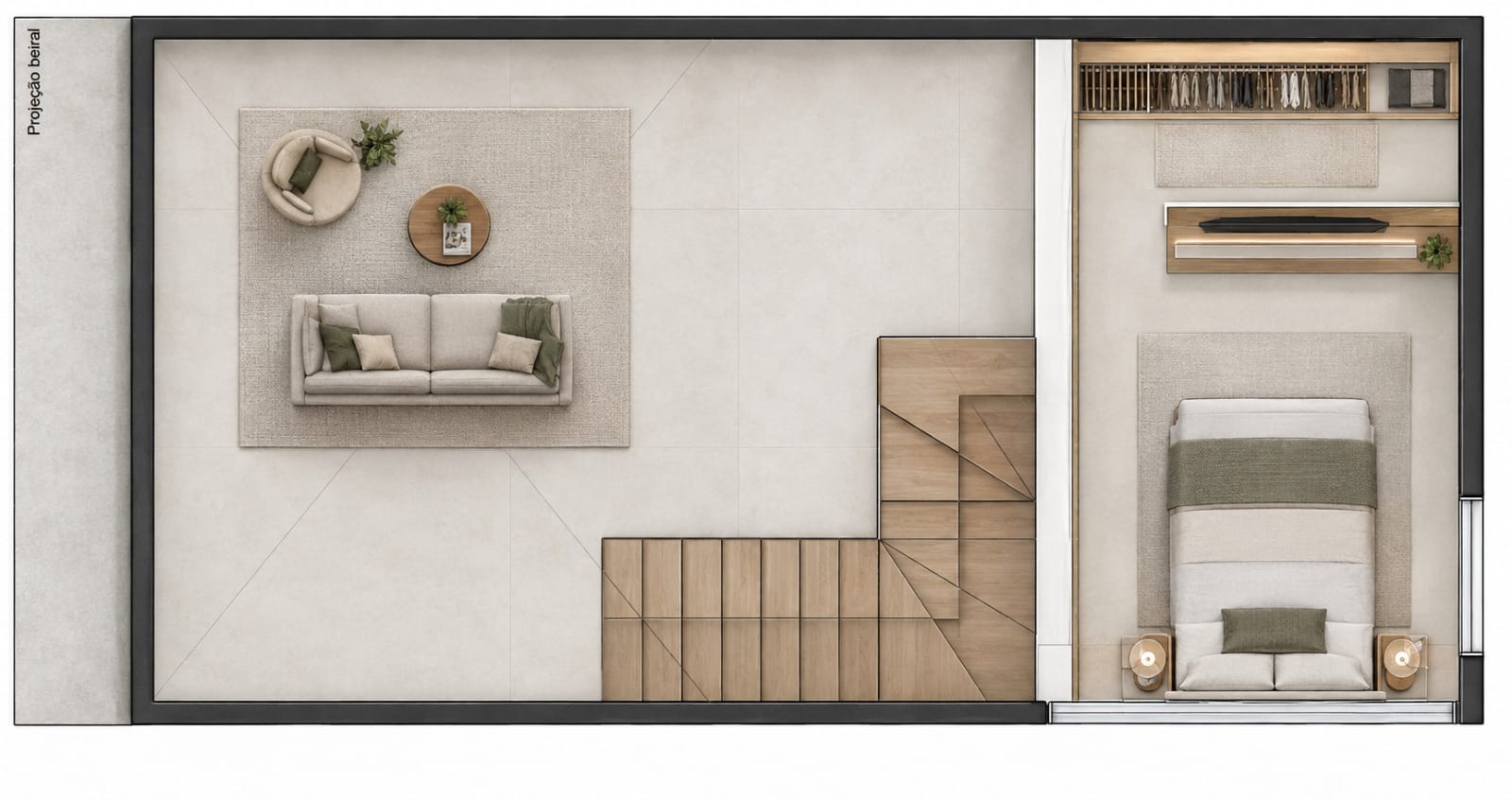 Planta humanizada do mezanino, com estar e quarto