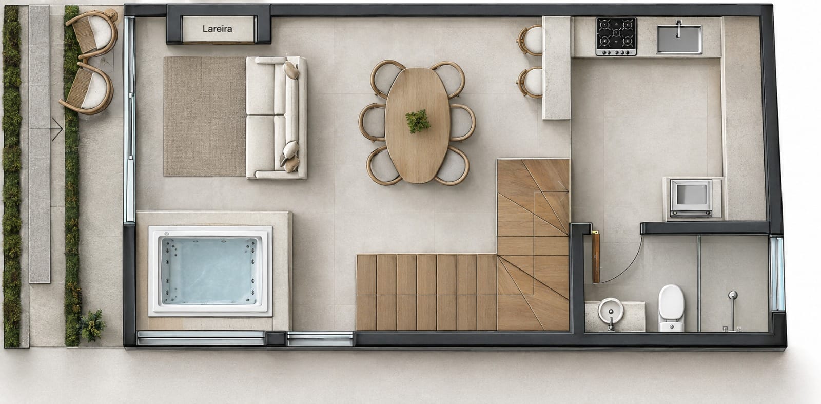 Planta humanizada do térreo, com estar, banheira, jantar, cozinha e banheiro