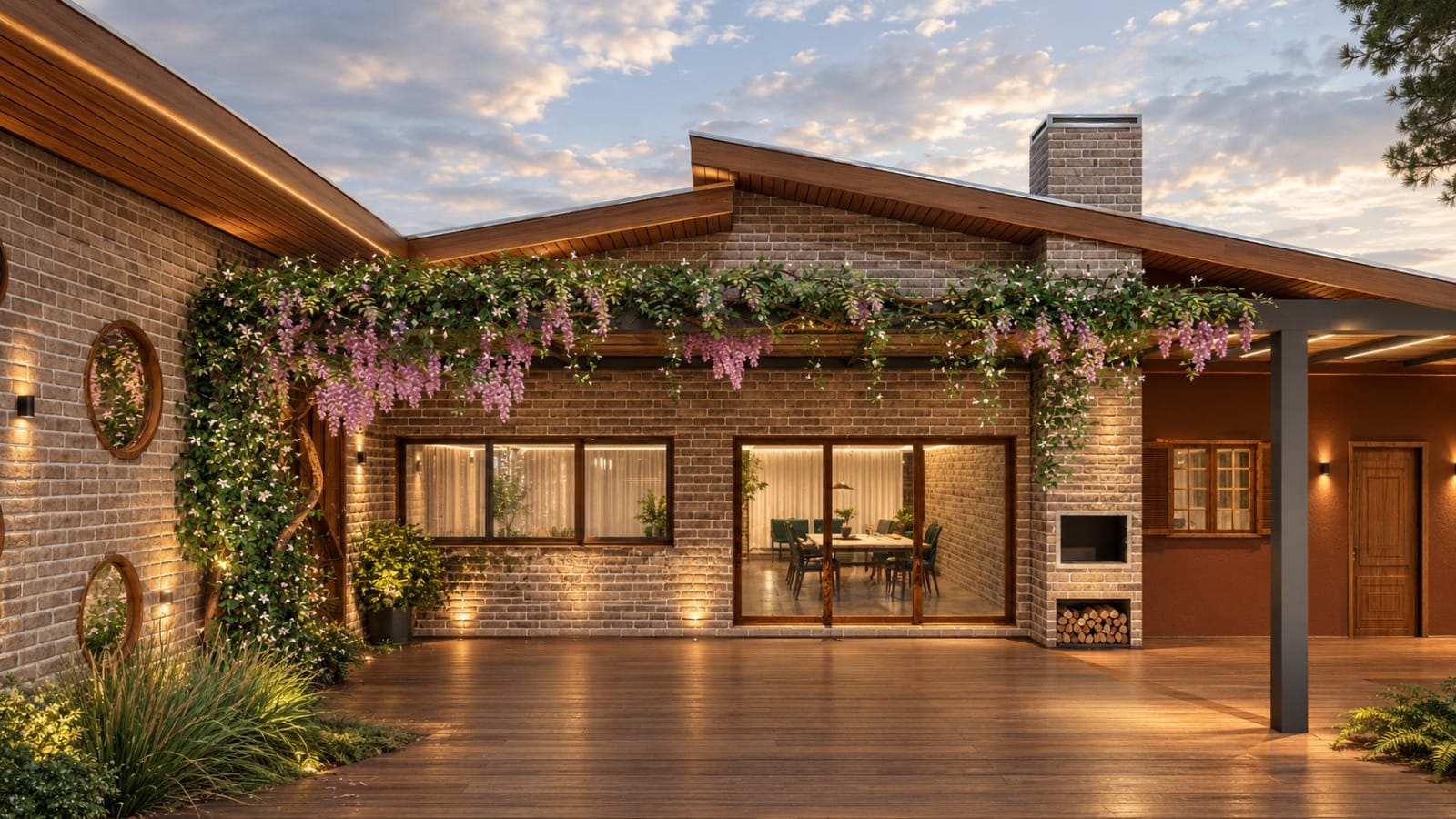 Casa de campo em tijolos aparentes com varanda e deck iluminado