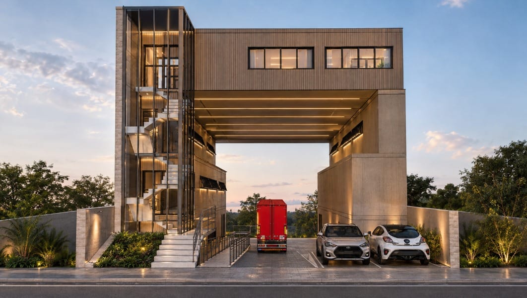 Edificação em módulos com revestimento amadeirado, escada externa e estacionamento