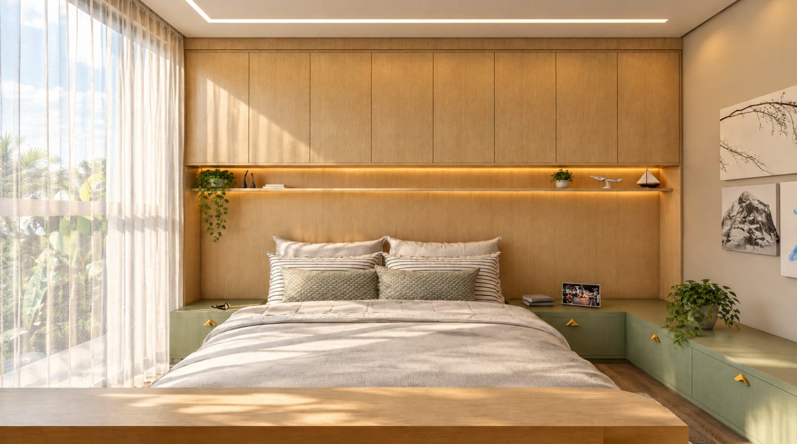 Quarto com cabeceira em madeira e prateleira iluminada