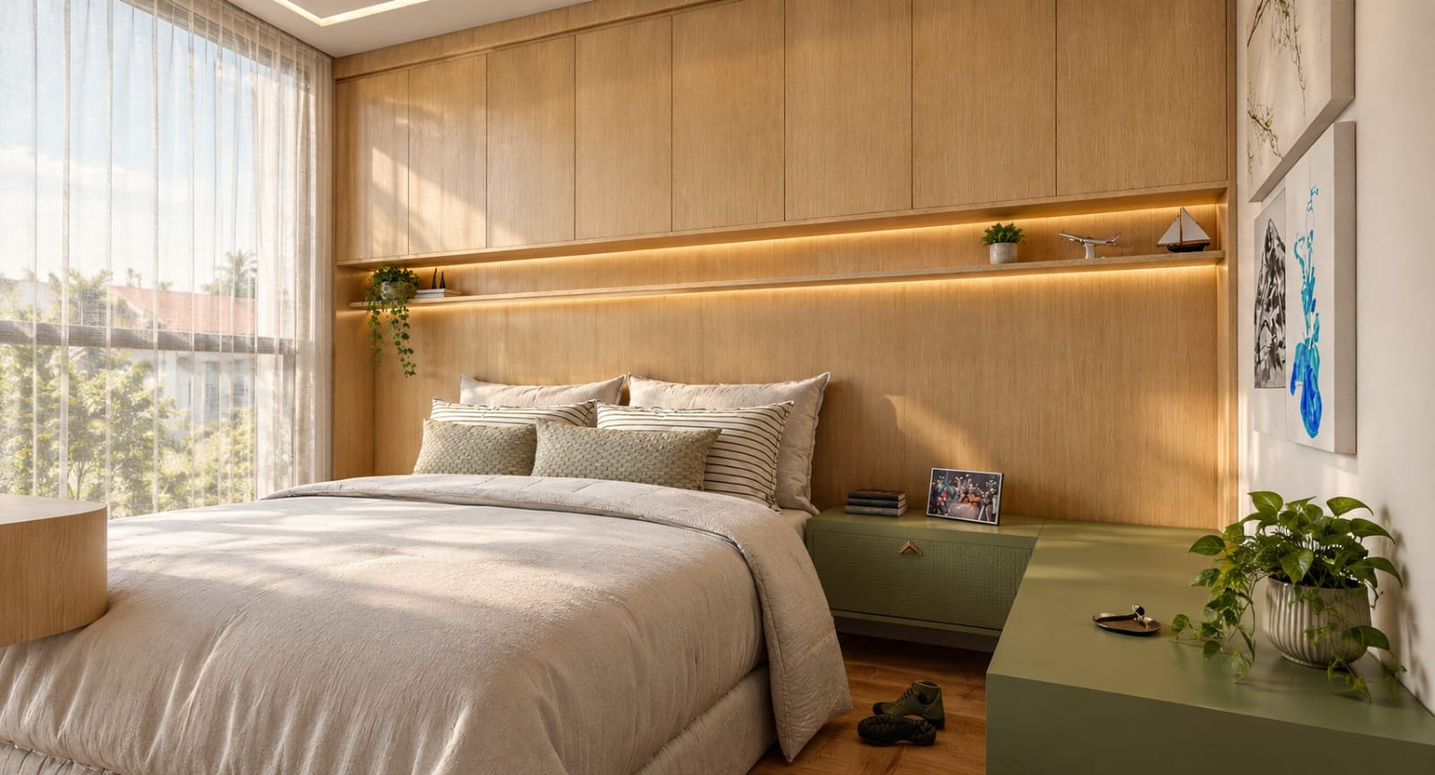 Quarto com cabeceira amadeirada e banco verde