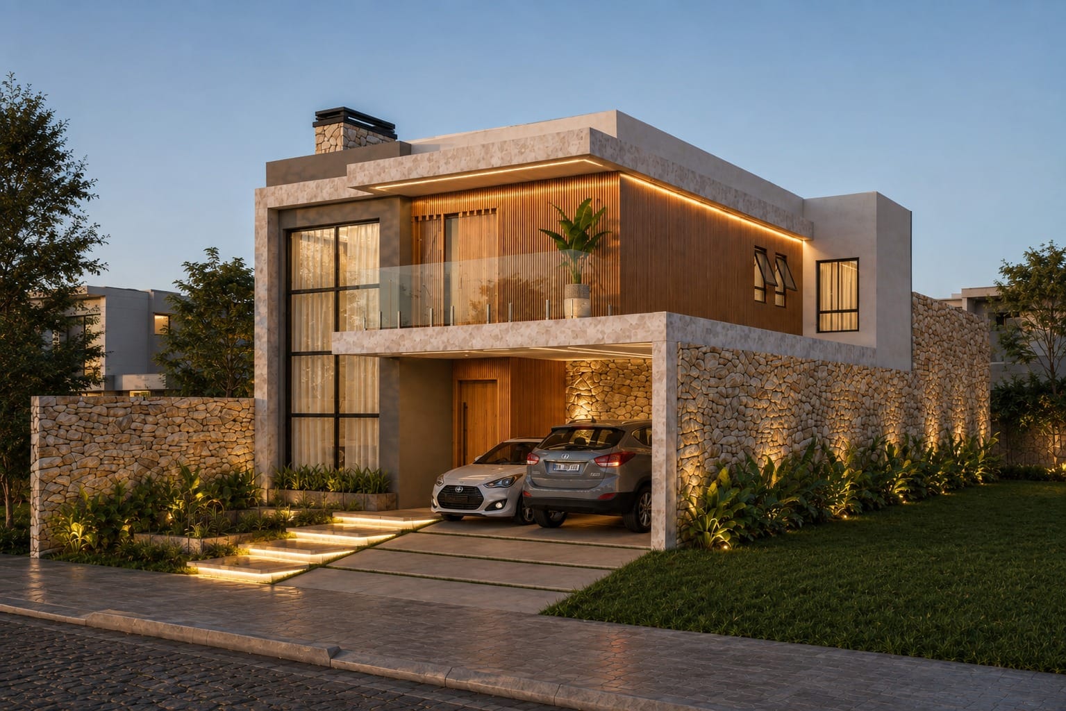 Sobrado contemporâneo com revestimento em pedra e madeira, garagem e paisagismo iluminado