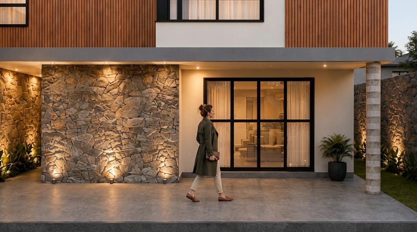 Entrada com parede de pedra iluminada e esquadria preta