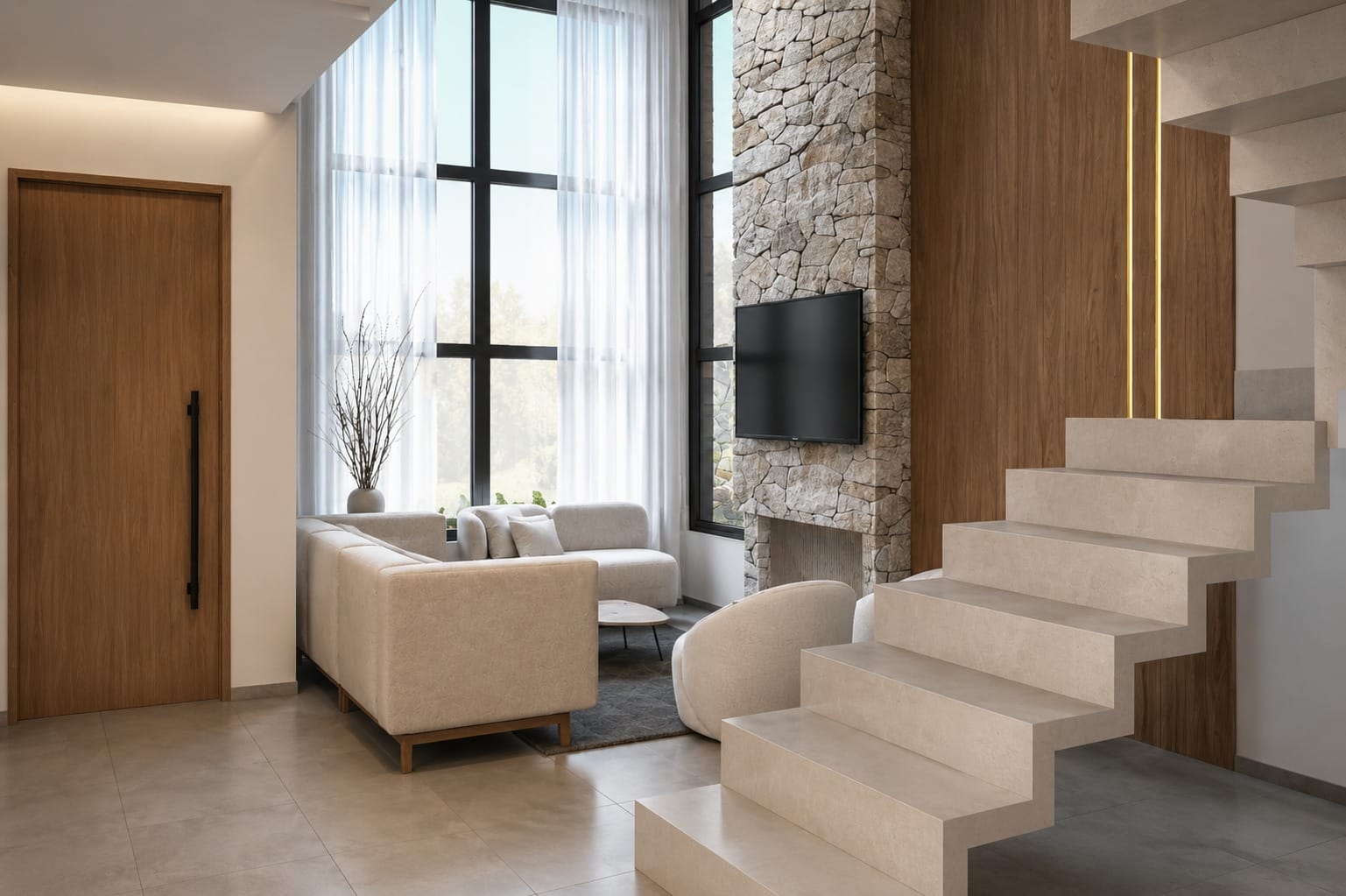 Sala com escada branca, porta pivotante em madeira e lareira em pedra