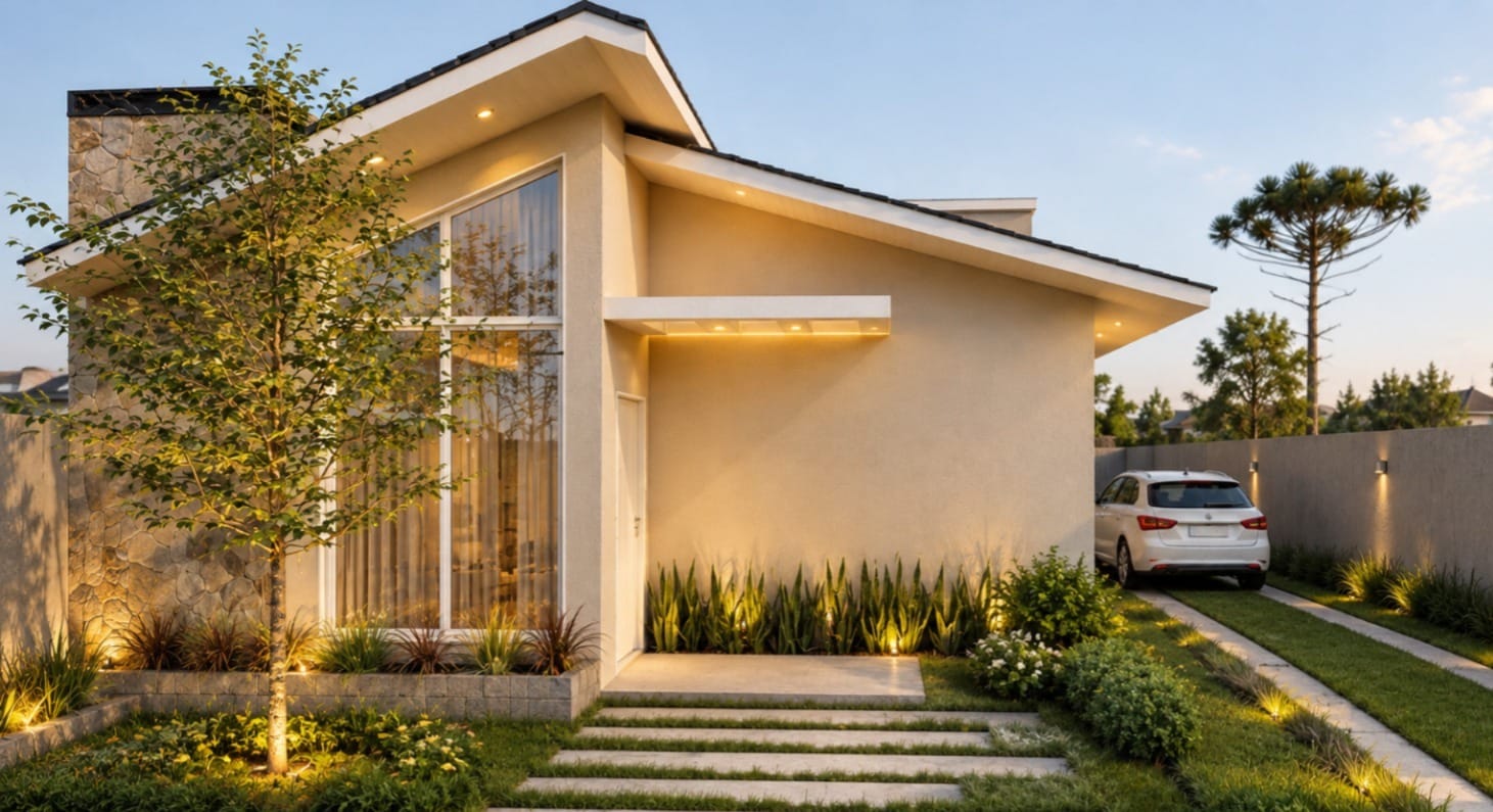 Residência em tons claros com grande janela e árvore no jardim