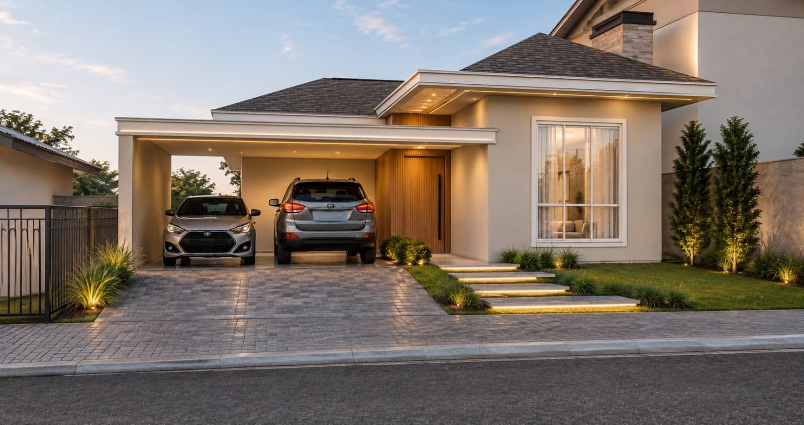 Fachada da residência térrea com garagem para dois carros e jardim