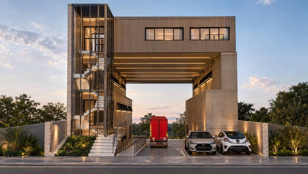 Edificação em módulos com revestimento amadeirado, escada externa e estacionamento