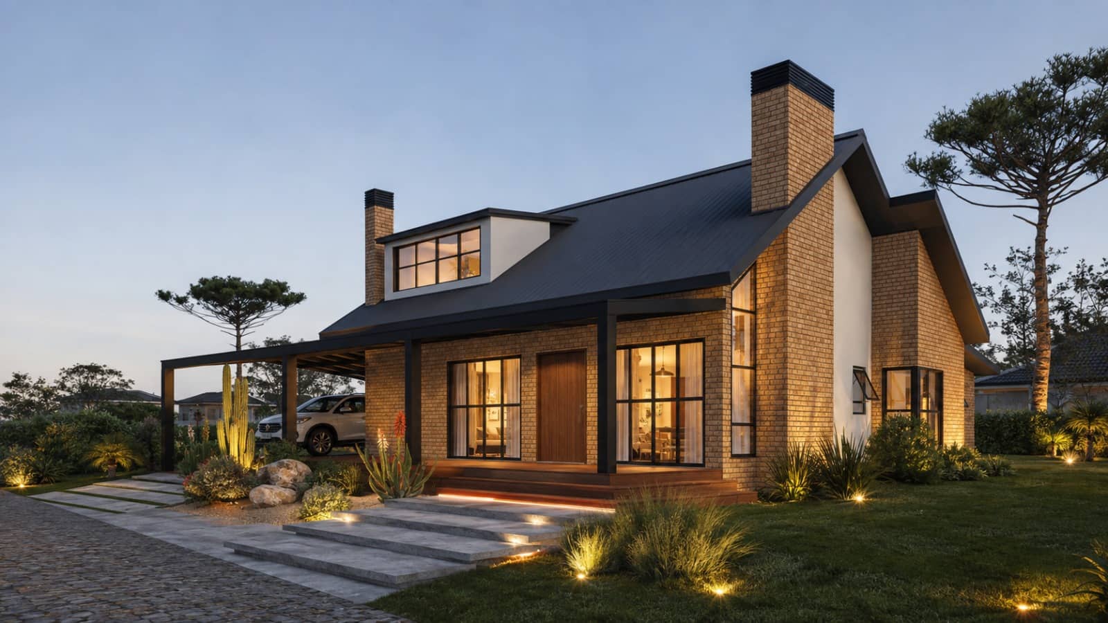 Casa com telhado escuro, chaminé em pedra e caminho iluminado no jardim